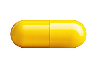 Shiny, yellow capsule pill, horizontal view, on a stark black background