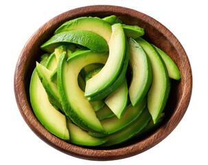 Sliced avocado in brown wooden bowl, overhead shot, vibrant green and pale yellow