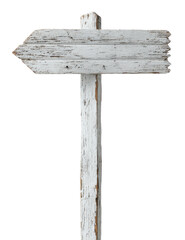 Weathered white wooden arrow sign pointing left, isolated against a black background