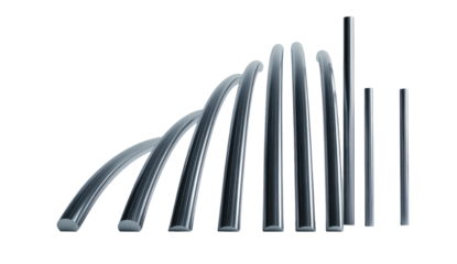 Metallic rods morph from curves to straight, varying heights, dark background