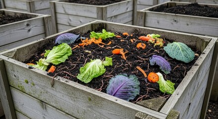 Close-up view of organic food waste composting in wooden garden beds with fresh vegetables