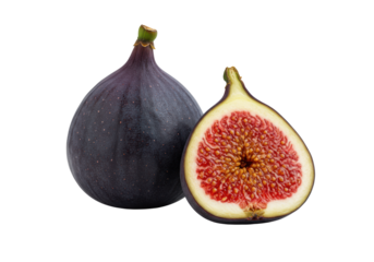 Macro shot of whole and half ripe figs with dark purple skin and crimson pulp, glistening seeds, on a pristine transparent studio background with soft shadows, concept of natural healthy food