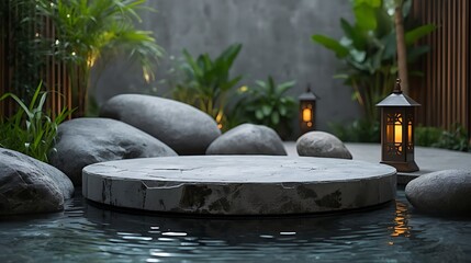 Serenely illuminated rock podium situated amidst a tranquil zen spa environment, with smooth gray rocks and polished dark wood accents, surrounded by lush greenery