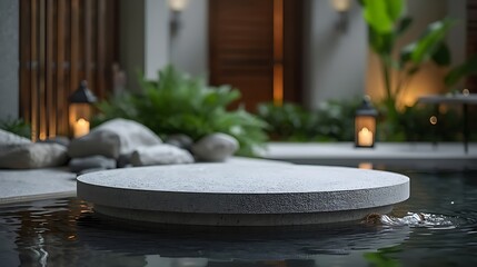 Serenely illuminated rock podium situated amidst a tranquil zen spa environment, with smooth gray rocks and polished dark wood accents, surrounded by lush greenery