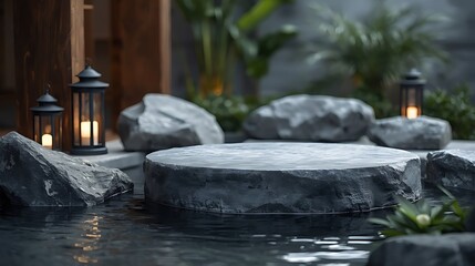 Serenely illuminated rock podium situated amidst a tranquil zen spa environment, with smooth gray rocks and polished dark wood accents, surrounded by lush greenery