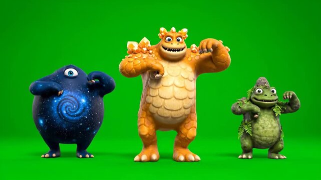 Three cartoon monsters dancing on a green screen background