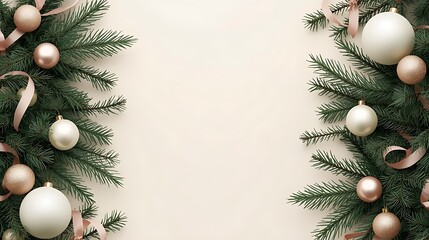 pine branches, matte finish white Christmas baubles, glossy golden ornaments, dusty pink ribbon touches, 