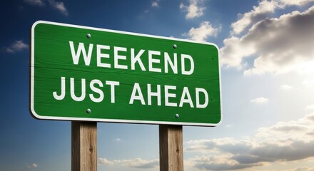 Green road sign displaying 'Weekend Just Ahead' against a cloudy blue sky, signaling anticipation for travel and leisure.
