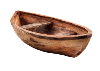 Small, weathered, handcrafted wooden rowboat with two benches on black