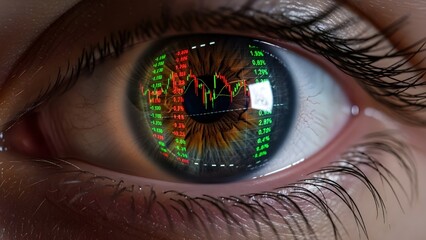 Close-up of human eye reflecting financial stock market data chart and trading analytics.