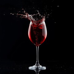 Wine glass filled with a rich red wine as it experiences a sudden splash
