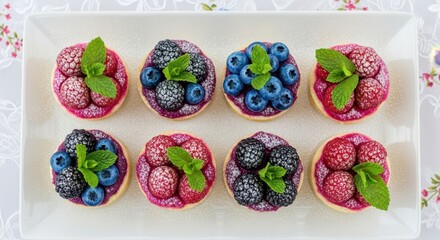 Freshly baked vegan fruit tarts with colorful berries beautifully arranged on a white plate