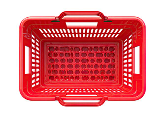 Top-down view of an empty red plastic shopping basket with handle grips
