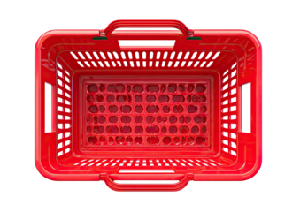 Top-down view of an empty red plastic shopping basket with handle grips