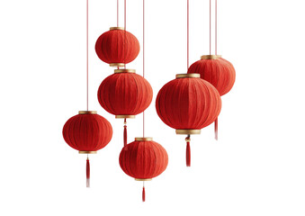Six red fabric lanterns hanging on red cords against a black background