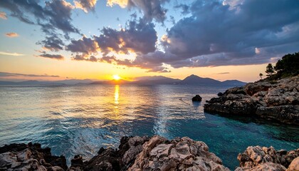 Golden sunset reflecting on tranquil sea with rugged rocky coastline, distant mountains, and dramatic clouds
