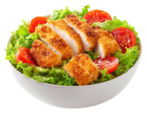 Breaded chicken breast slices atop fresh lettuce and tomato salad bowl