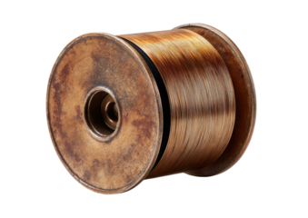 Copper wire spool, aged sides with center holes, fills frame
