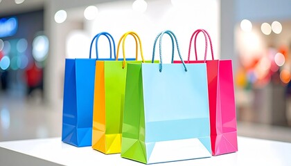 Five Colorful Shopping Bags on Display in a Shopping Mall