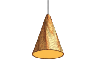 Conical pendant light fixture with wood grain texture against a black background