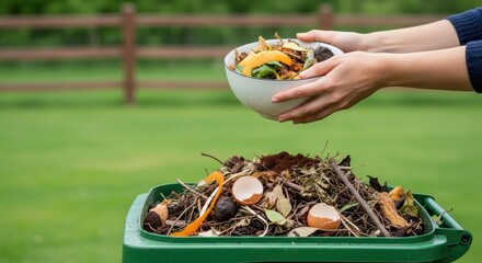 Hands holding a bowl of food scraps to add to a green composting bin outdoors
