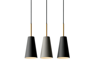 Three pendant lights hang, black & gray shades, bronze stems, minimalist design