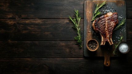 Grilled tomahawk steak on wood, rosemary, salt, pepper