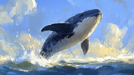 Whale breaching ocean, sunny sky, water splash, artwork, marine