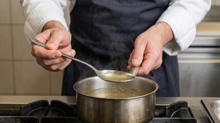 Chef tastes broth in the kitchen during the afternoon while preparing a meal