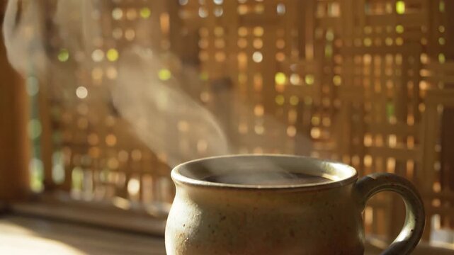 Steaming hot coffee in a rustic mug bathed in morning sunlight, a comforting start to the day.