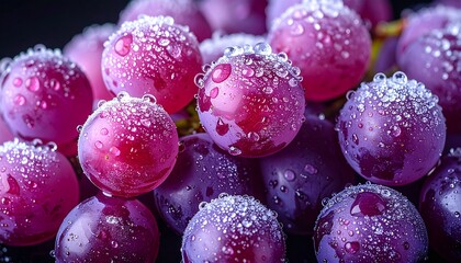 Close-up of ripe purple grapes with dew drops, showcasing vibrant colors and fresh texture in a macro photography style.