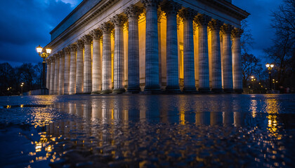 Grand neoclassical building facade illuminated at blue hour, featuring classical columns and dramatic reflections in a wet foreground.