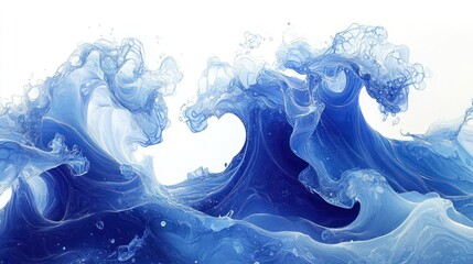 Abstract blue ocean waves crashing, white background,  design element