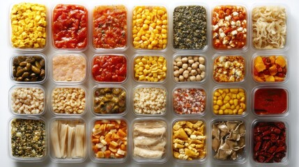 Frozen meal prep containers, kitchen, overhead, diverse ingredients, meal planning