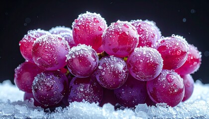 Frozen grapes cluster covered in ice crystals, vibrant pink, against dark background, winter, cold, frosty, still life, macro photography, icy