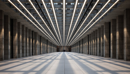 Symmetrical interior view of a vast, modern concrete hall with repeating columns and geometric ceiling lights casting dramatic shadows on the tiled floor.