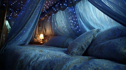 Cozy Bed with Curtains and Night Sky.
