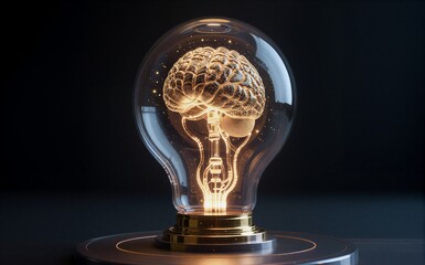 Golden brain inside glass sphere, glowing neural connections on dark background.