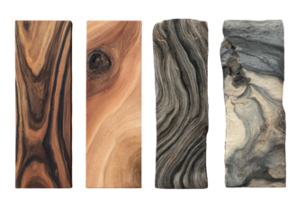 Four wood blocks showing various natural wood grains and textures