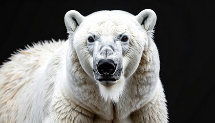 Majestic polar bear with intense gaze on black background, wildlife, close-up, realistic photography, studio lighting, Arctic predator portrait