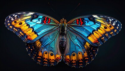 Vibrant butterfly with colorful wings in blue, orange, and black hues, showcasing intricate patterns and details, isolated on a dark background, surreal and realistic art style.