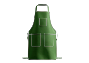Green apron with light grey trim, front view, hanging on dark background