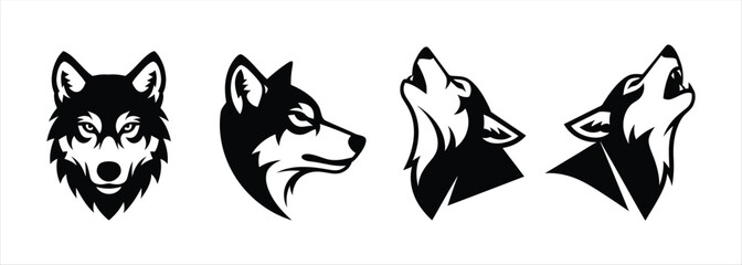 Obraz premium Collection of Four Stylized Wolf Head Illustrations in Black and White