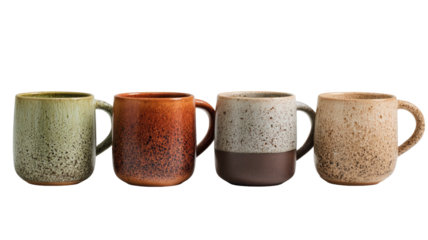 Four textured ceramic mugs stand in a row, each a unique color palette