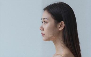 Woman in profile, glowing digital grid overlaying her face and neck. Futuristic aesthetic.