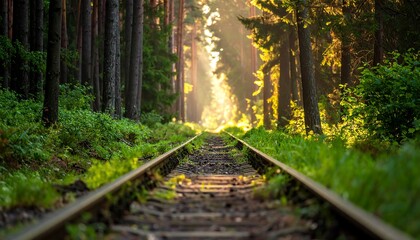 Enchanting Forest Railway Track Bathed in Golden Sunlight.