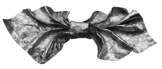 Wrinkled bow of metallic fabric with abstract pattern in shades of gray