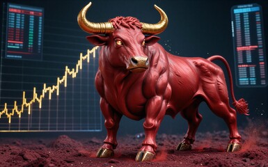 Red bull charges through financial charts, symbolizing market bullish trend and economic growth.