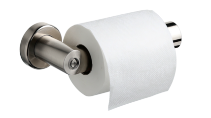 Toilet paper roll on metal holder, white paper hanging down