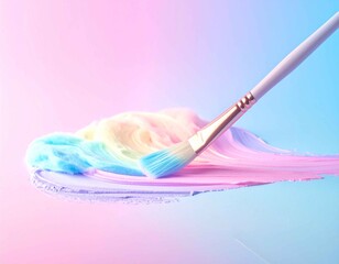 パステルカラーのフェルト風ブラシが、虹色の絵の具をやさしく描くメルヘンイラスト。創造性やアート、想像力を表現したファンタジー調ビジュアル。子供向け、教育、デザイン背景、癒しややさしい世界観のイメージに最適。